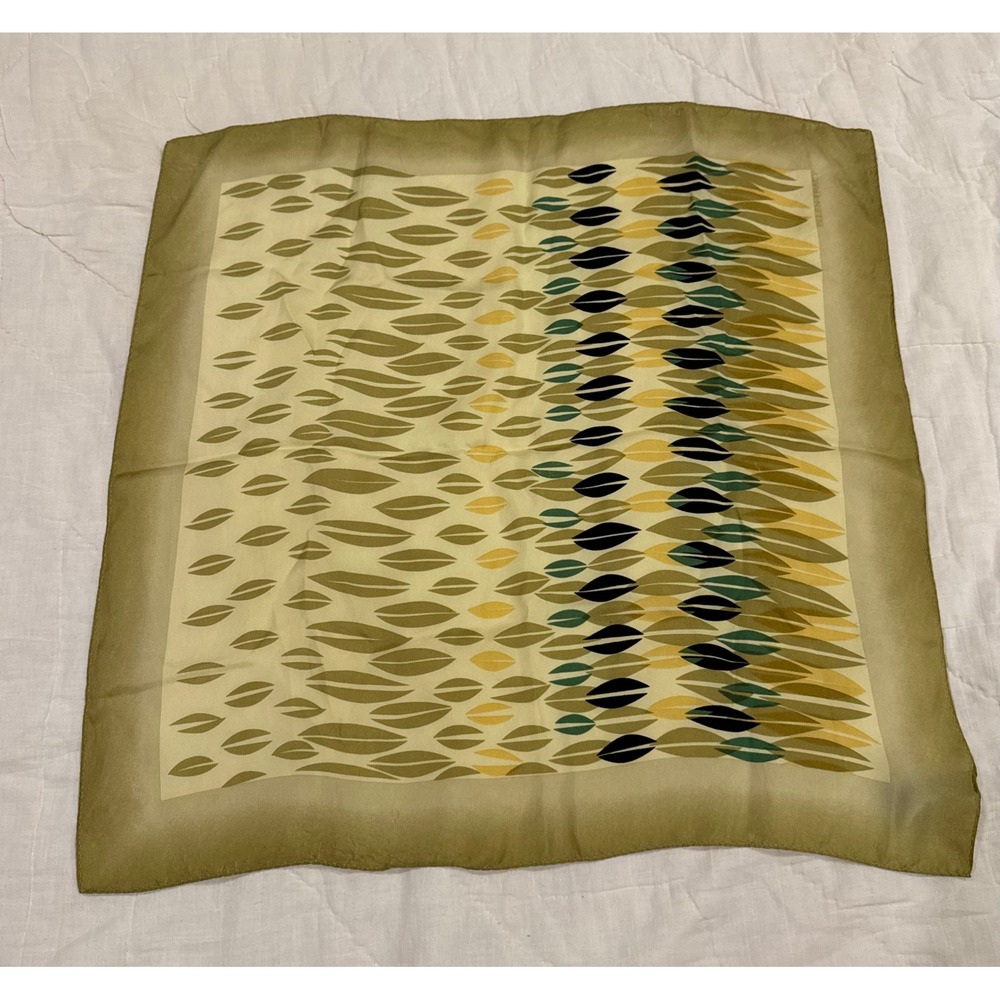 Ellen Tracy Silk Scarf Olive Green Gold Black Leaf Print Square Neck Scarf 20in